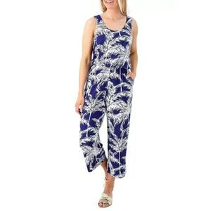 NWOT Belle by Kim Gravel Women's Petite Knit Jumpsuit Navy Palm Print Size 1XP